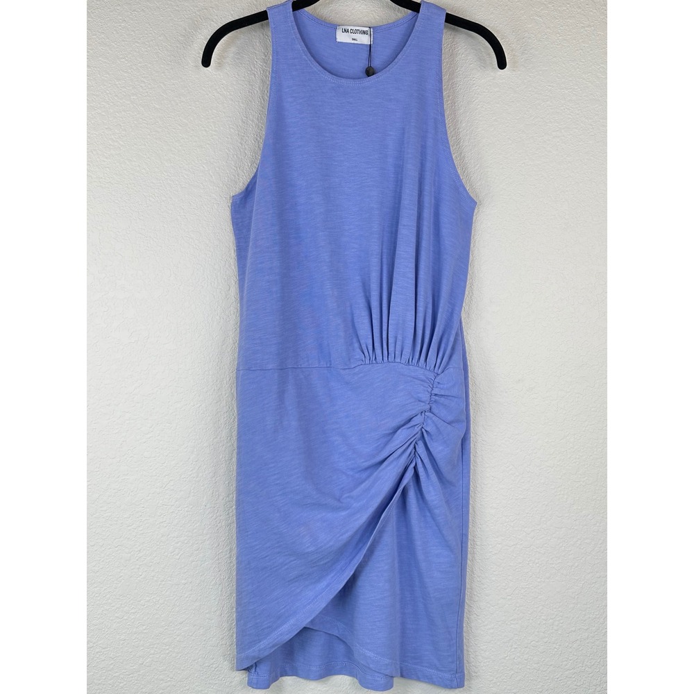 LNA Liani Tank Dress S Iris Blue Ruched Cotton Sleeveless Mini NWT